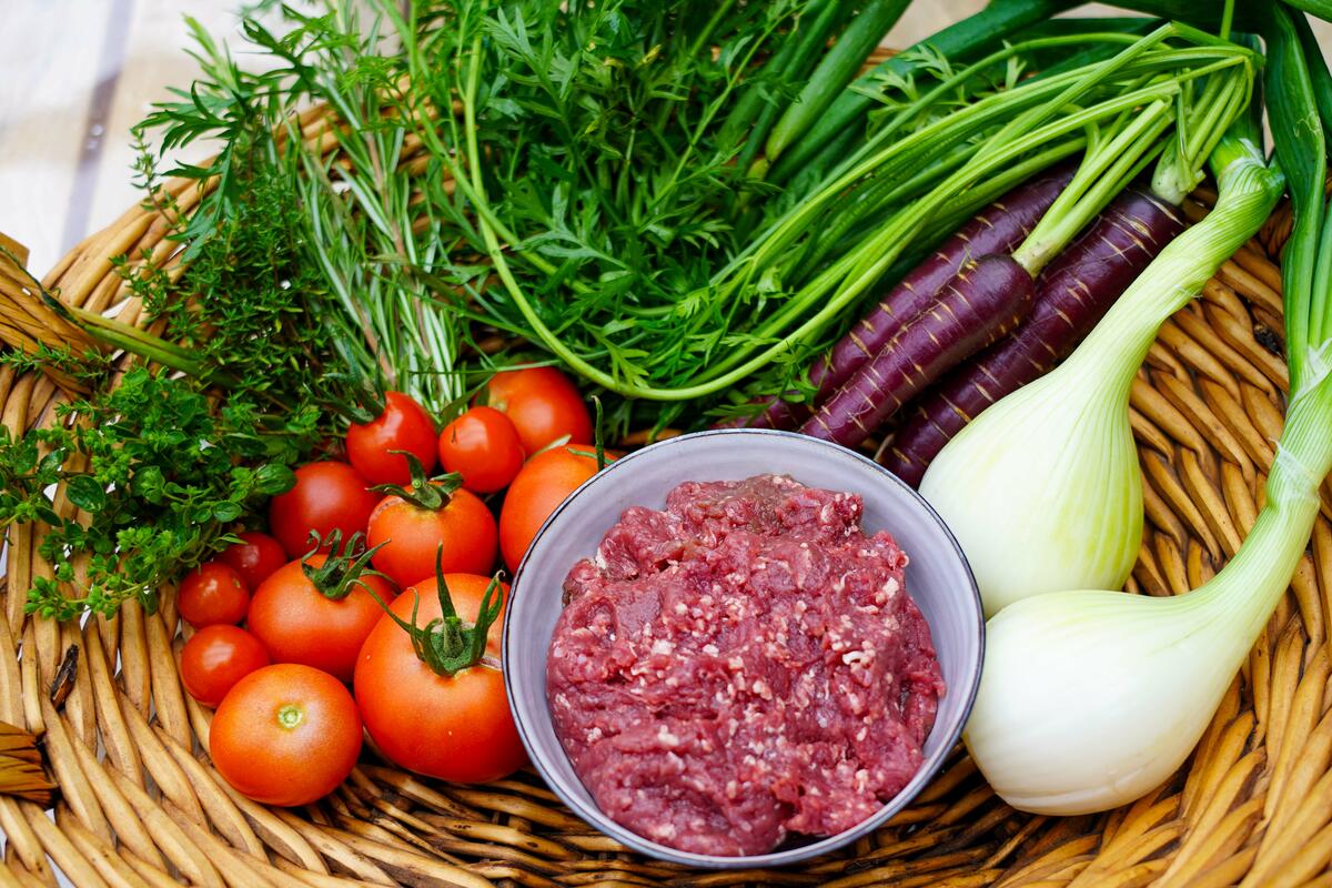 Die Hauptzutaten für das Gericht: Hackfleisch vom Rotwild, Tomaten, Möhren, Zwiebeln und frische Kräuter.  (Quelle: Kapuhs/DJV )
